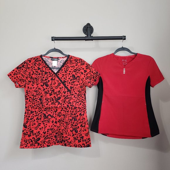 Cherokee iFlex Runway Red Black Scrub Top Bundle (2) Size XS - Picture 1 of 8